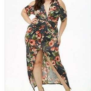 Plus Size Floral Twist-Front Open-Shoulder Dress
